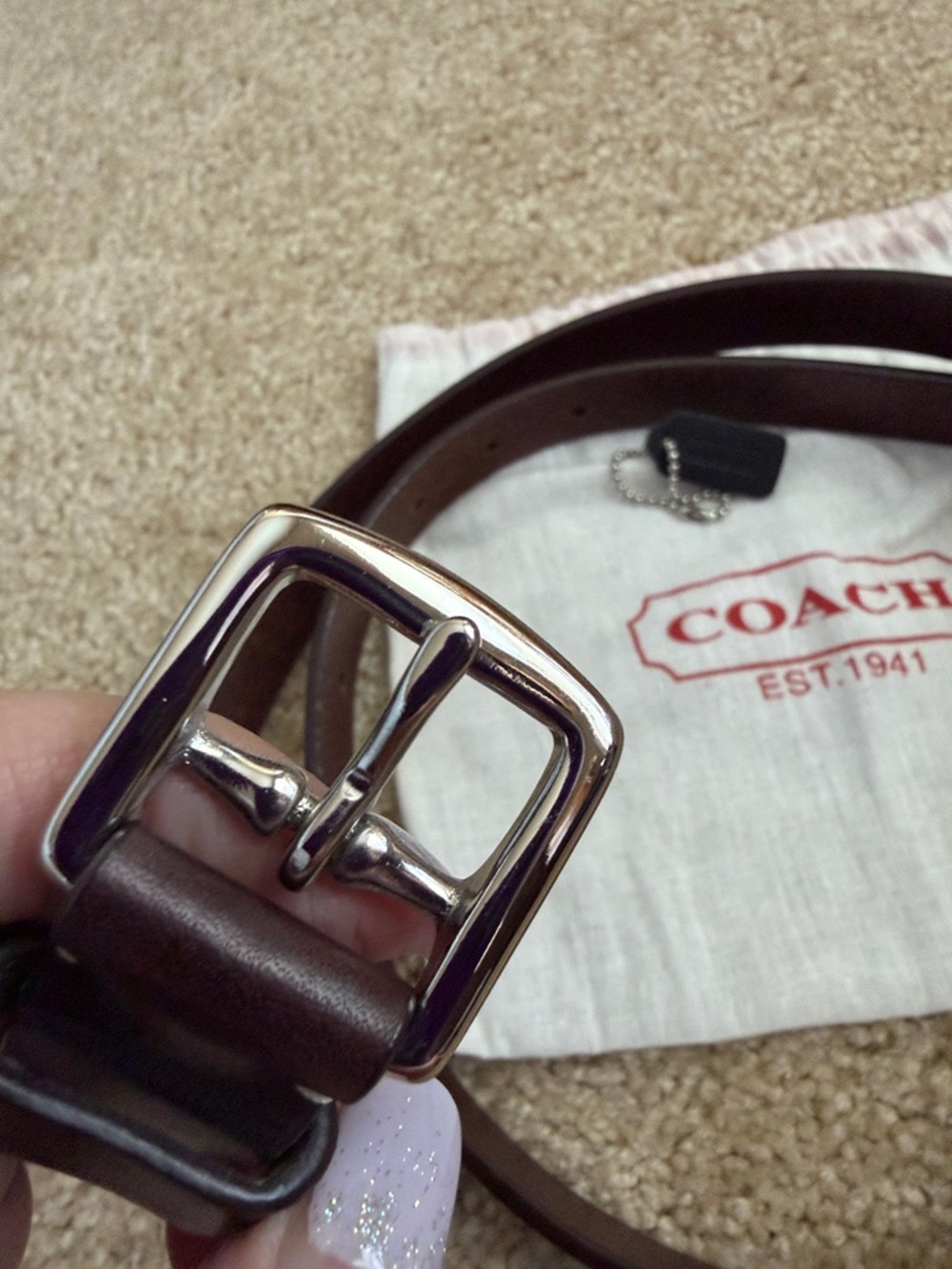 Vintage Coach Dark Brown Women’s Leather Belt Silver Brass Buckle Dust Bag - Picture 2 of 11